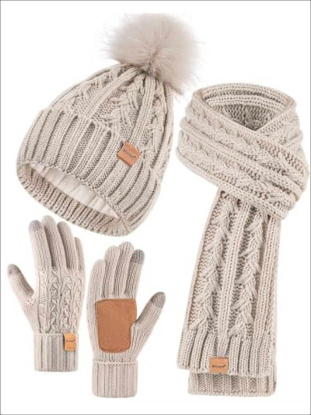 Womens Beanie Hat Scarf Gloves Set Fleece Lined Winter Pom Pom Touchscreen